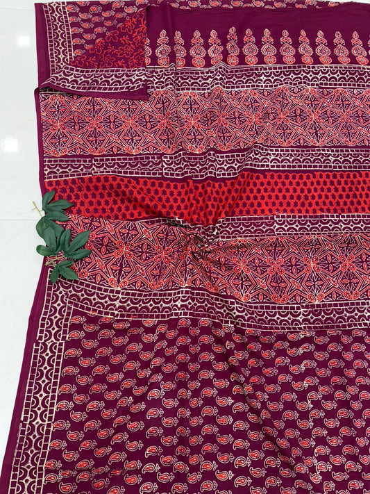 Royal Plum Heritage Elegance Bagru Hand Block Print Cotton Mul Saree