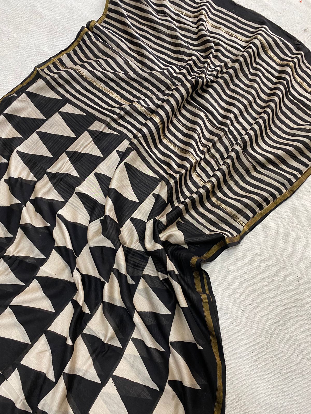 Black & Beige Natural Dye Hand Block Print Chanderi Silk Saree