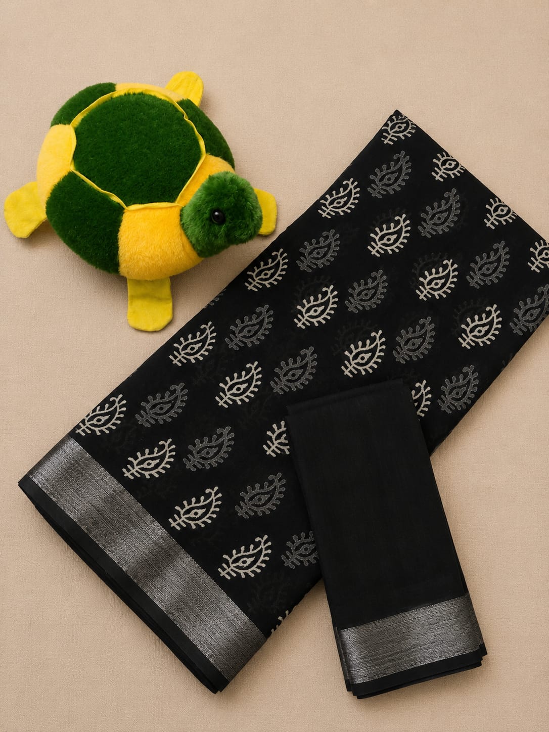 Black Hand Block Print Linen Saree