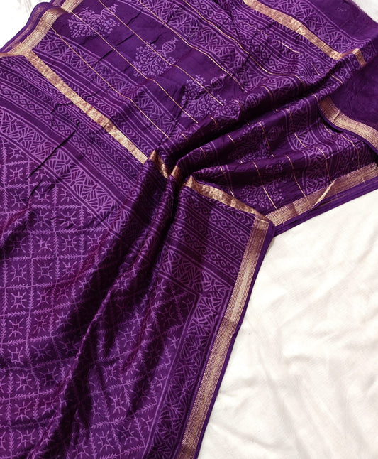 Royal Purple Hand Block Print Maheshwari Silk Saree