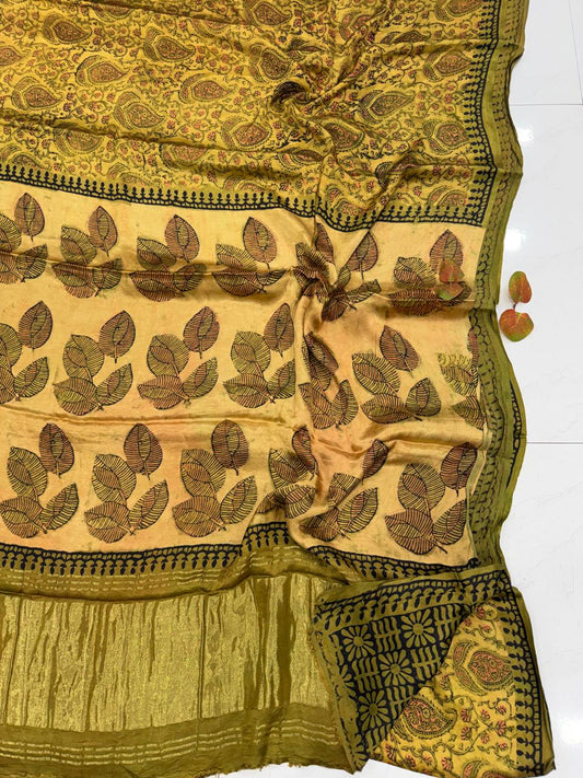 Olive Gold Botanical Elegance Hand Block Print Modal Silk Saree