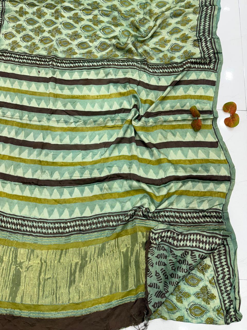 Sage Green Natural Dye Hand Block Print Modal Silk Saree