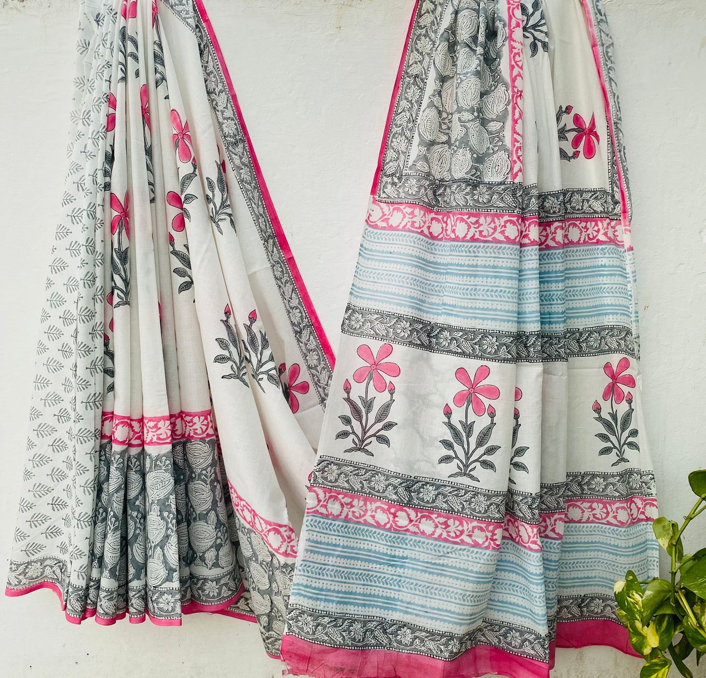 White with Pink Floral Motifs Bagru Hand Block Print Cotton Mul Saree