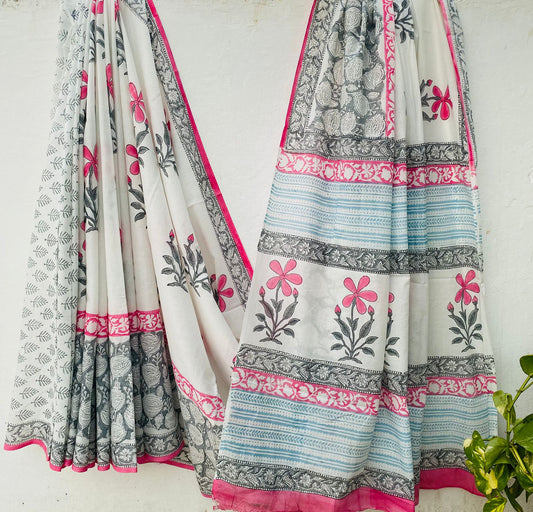 White with Pink Floral Motifs Bagru Hand Block Print Cotton Mul Saree