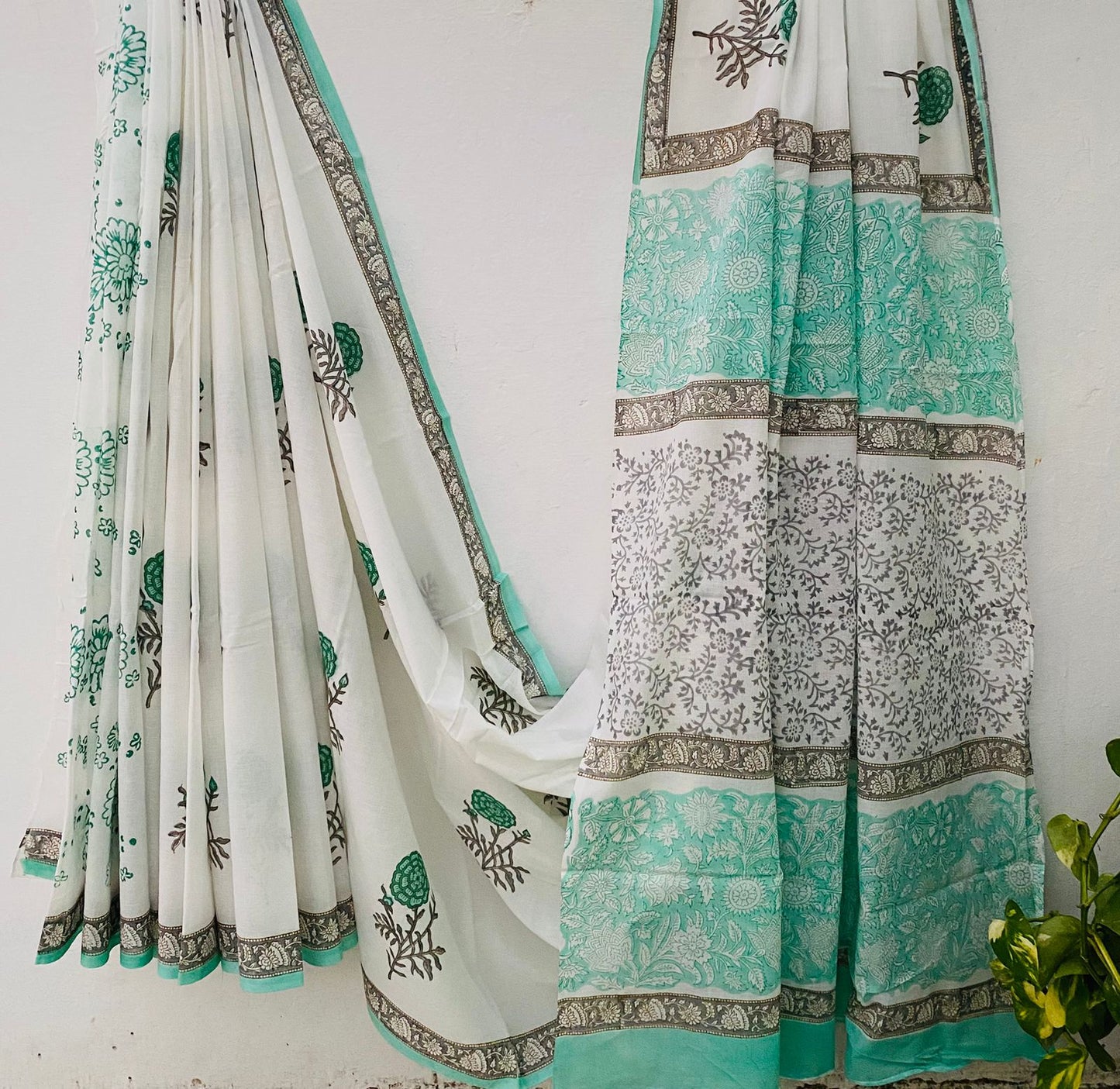 White & Mint Green Floral Elegance Bagru Hand Block Print Cotton Mul Saree