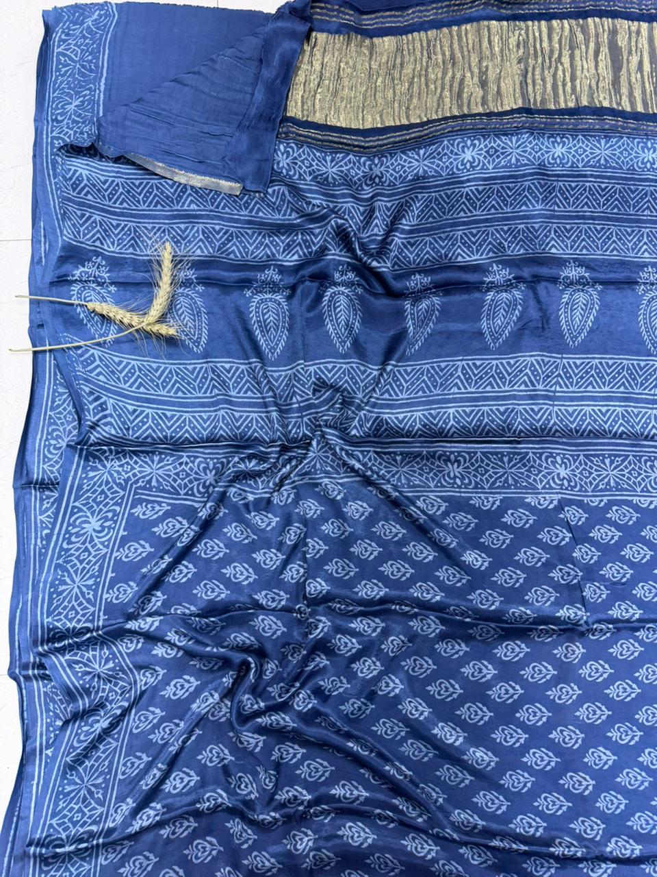Royal Indigo Blue Heritage Elegance Hand Block Print Modal Silk Saree