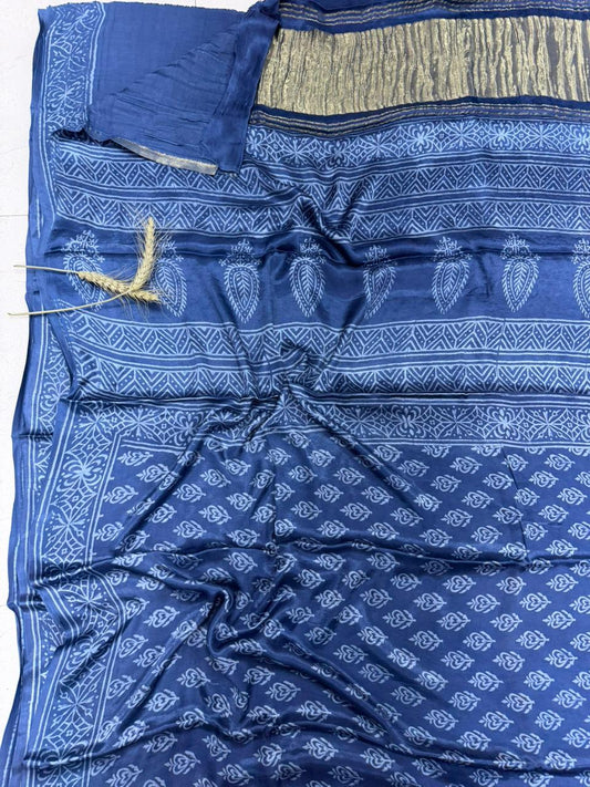 Royal Indigo Blue Heritage Elegance Hand Block Print Modal Silk Saree