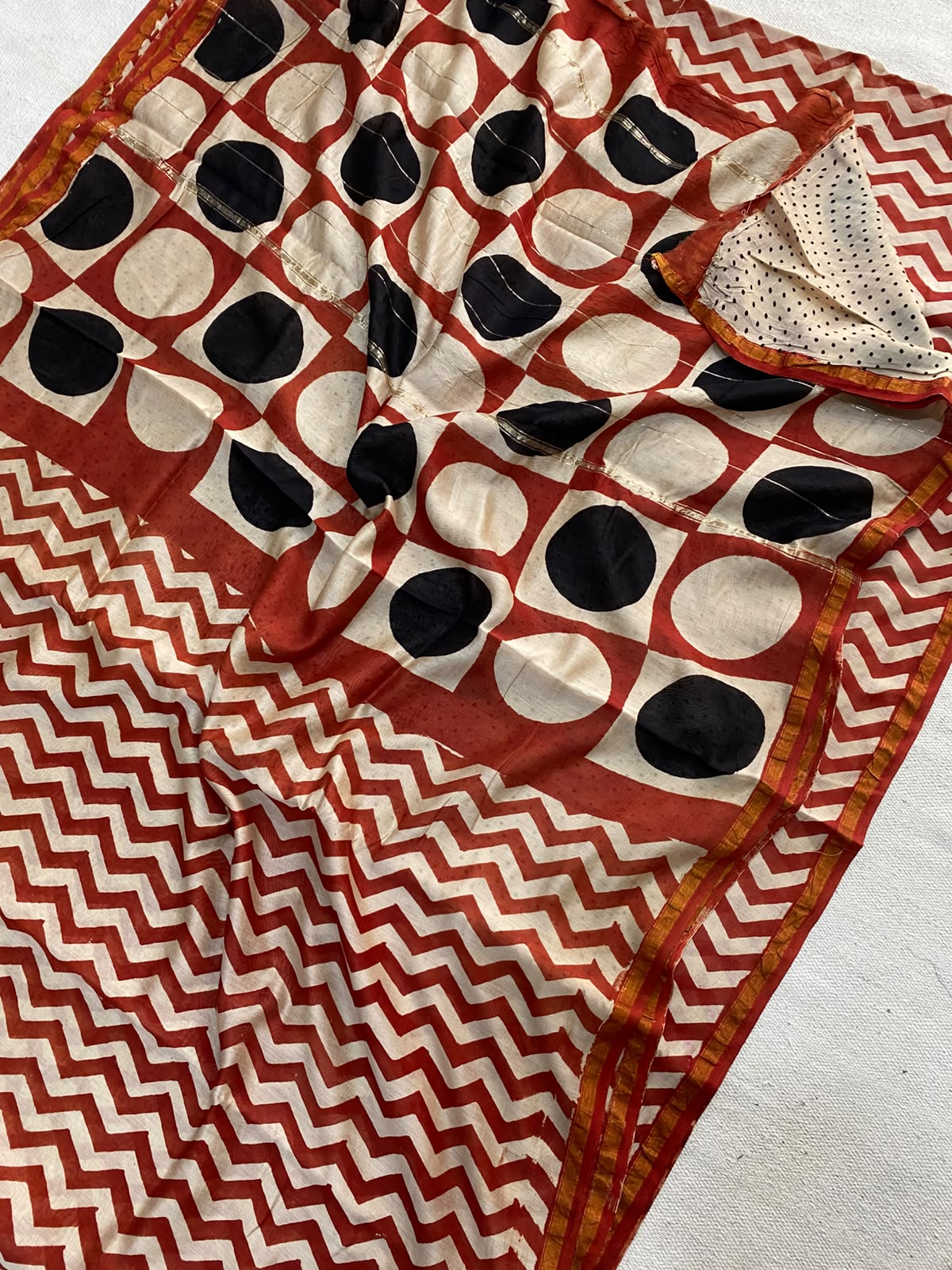 Ivory White & Deep Rust Red Hand Block Print Chanderi Silk Saree