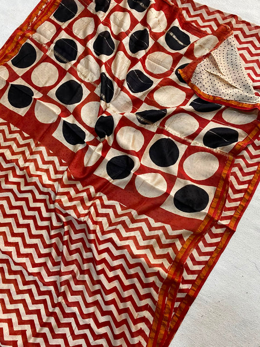 Ivory White & Deep Rust Red Hand Block Print Chanderi Silk Saree