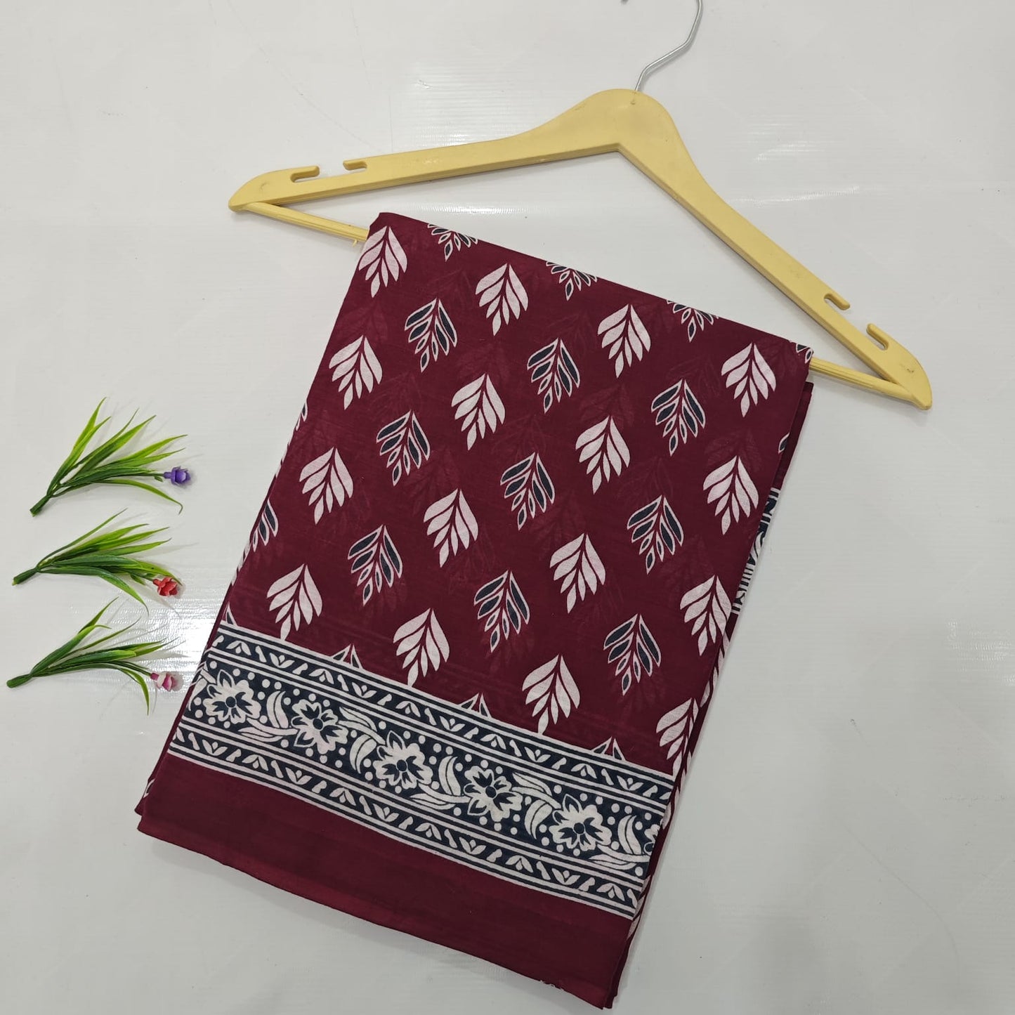 Maroon with Grey Floral Border Bagru Screen Print Mulmul Cotton Saree