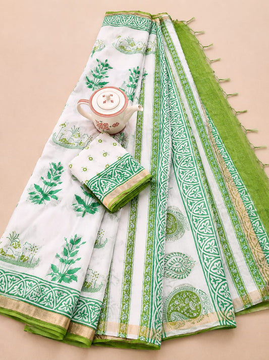 Ivory White & Fresh Green Hand Block Printed Premium Kota Chanderi Silk Saree