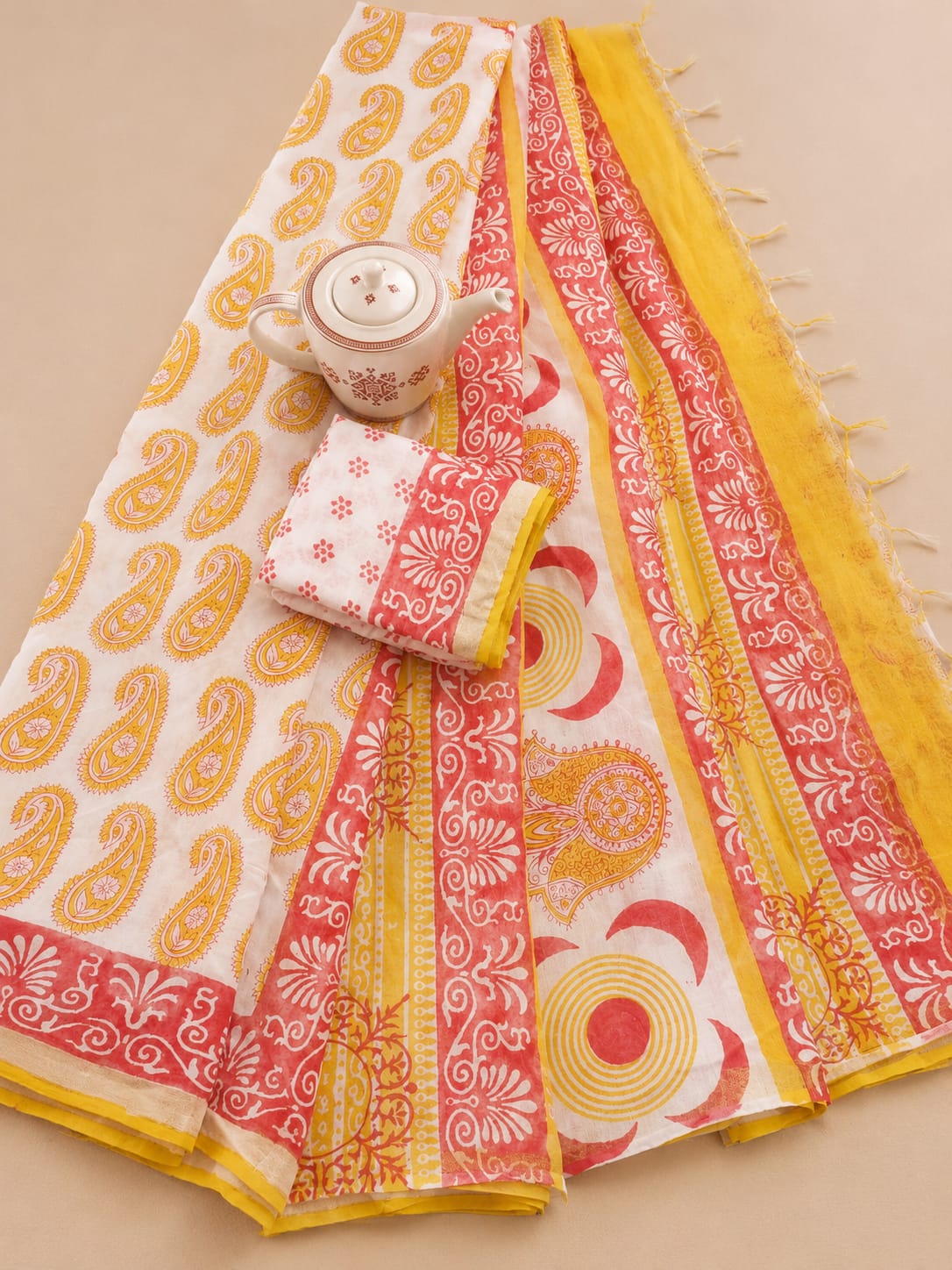 Ivory White, Sunshine Yellow & Coral Pink Hand Block Printed Premium Kota Chanderi Silk Saree