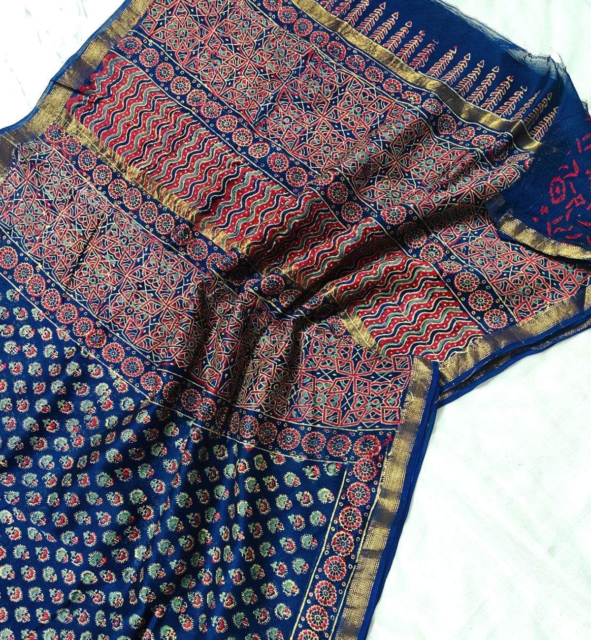 Midnight Navy Hand Block Print Maheshwari Silk Saree