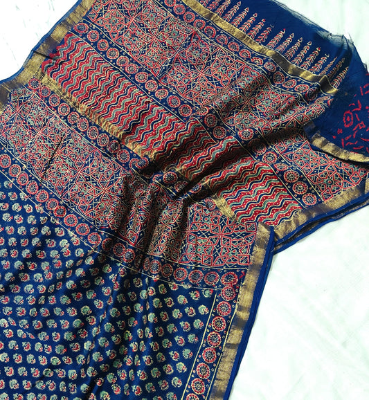 Midnight Navy Hand Block Print Maheshwari Silk Saree