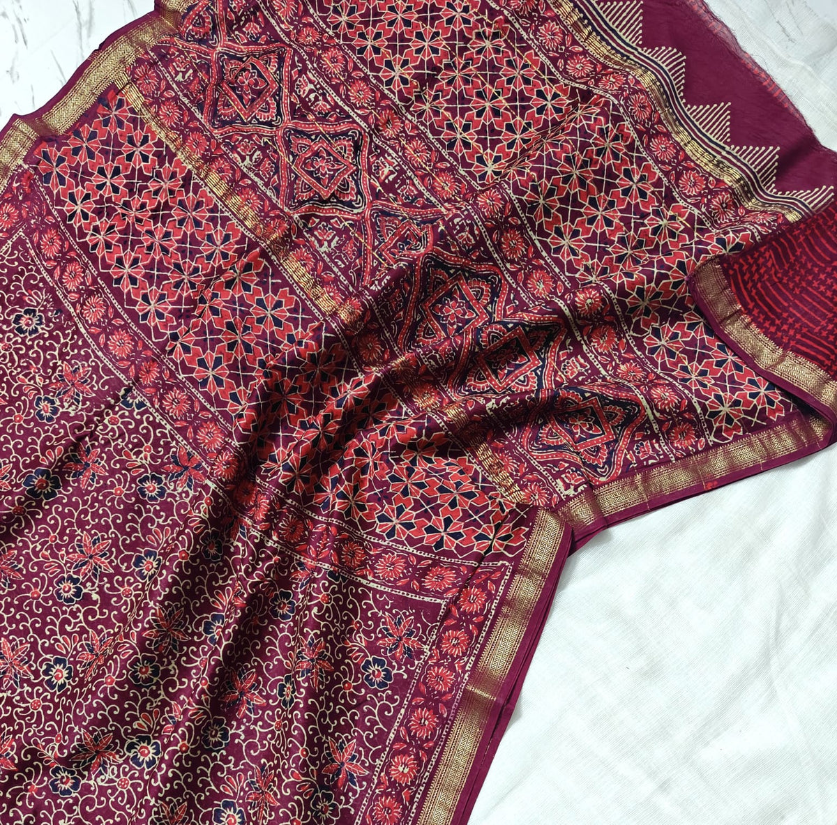 Deep Wine Hand Block Print Maheshwari Silk Saree