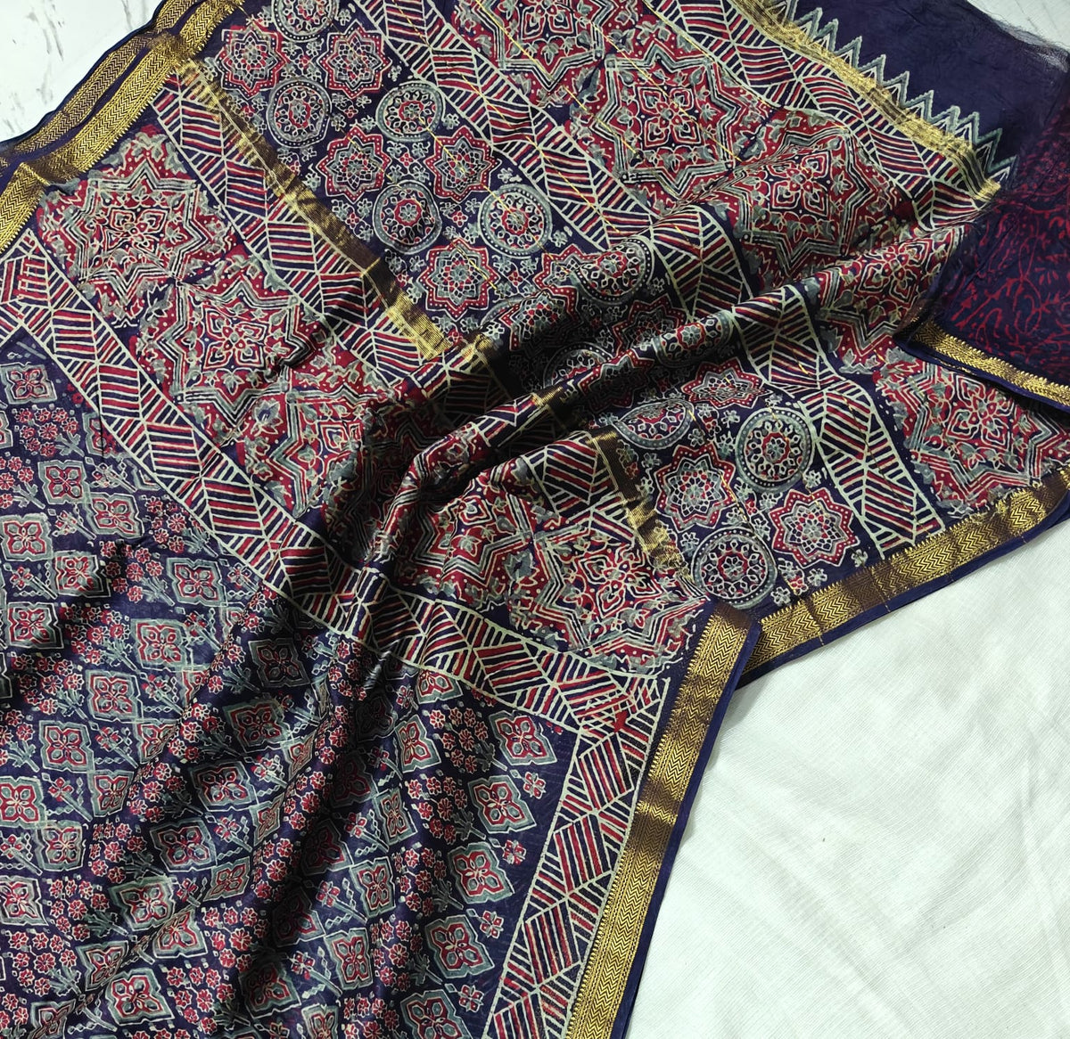 Indigo Navy Hand Block Print Maheshwari Silk Saree