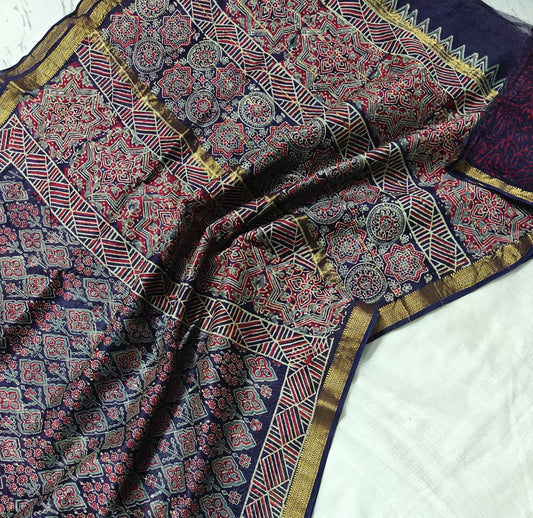 Indigo Navy Hand Block Print Maheshwari Silk Saree