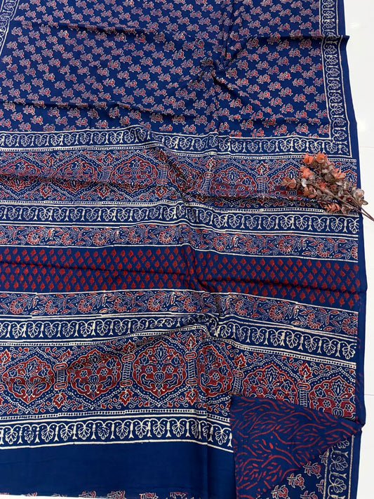 Midnight Navy Blue & Rust Red Bagru Hand Block Print Cotton Mul Saree