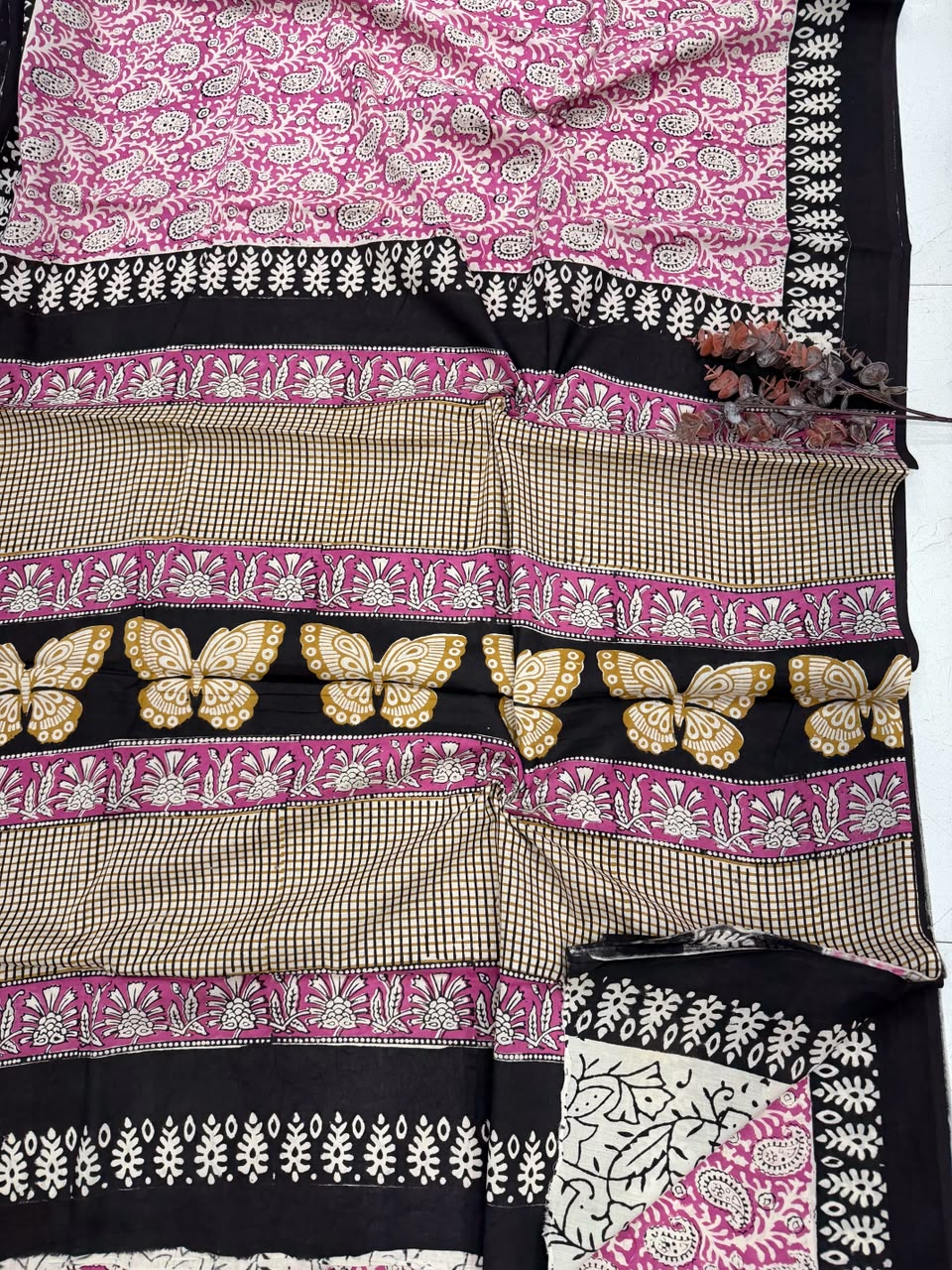 Rose Pink & Noir Black Bagru Hand Block Print Cotton Mul Saree
