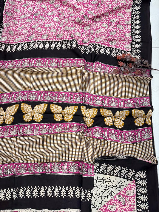 Rose Pink & Noir Black Bagru Hand Block Print Cotton Mul Saree