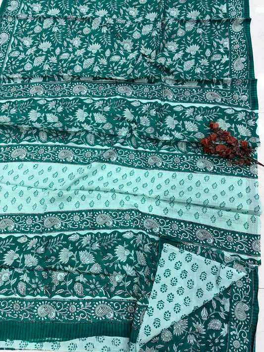 Deep Emerald Green & Soft Mint Bagru Hand Block Print Cotton Mul Saree