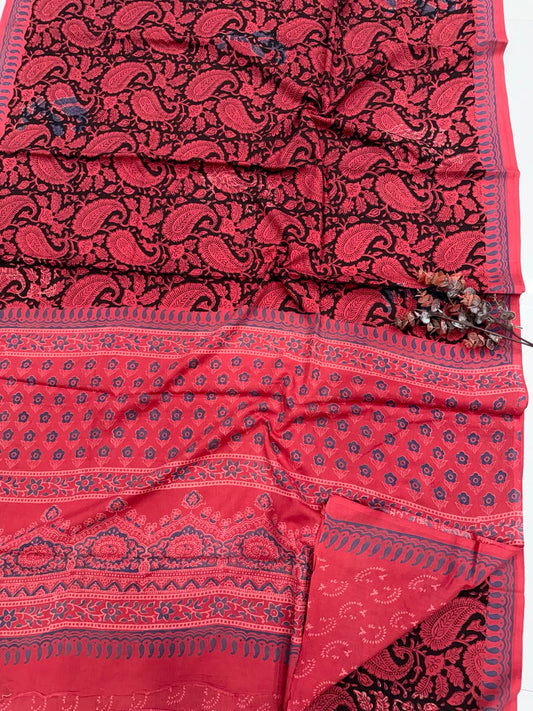 Crimson Red & Noir Black Bagru Hand Block Print Cotton Mul Saree