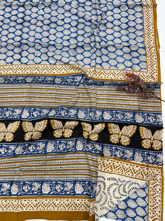 Royal Blue & Mustard Gold Bagru Hand Block Print Cotton Mul Saree