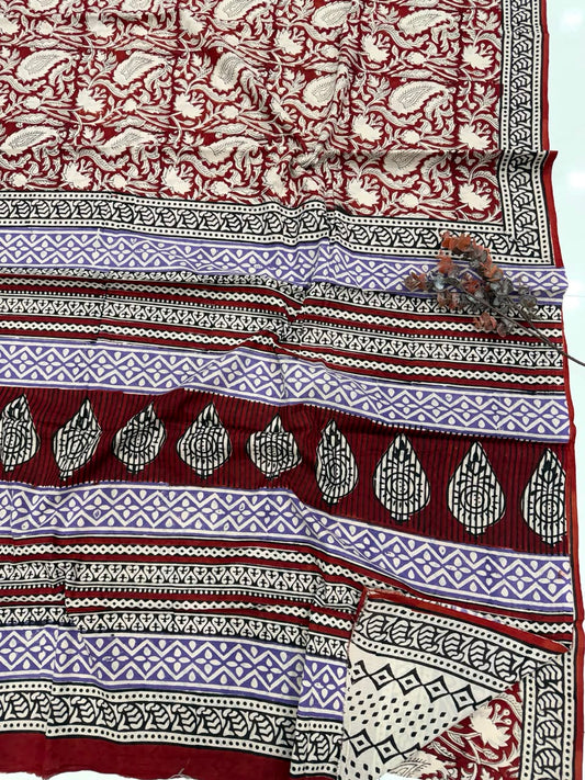 Deep Maroon & Ivory White Bagru Hand Block Print Cotton Mul Saree