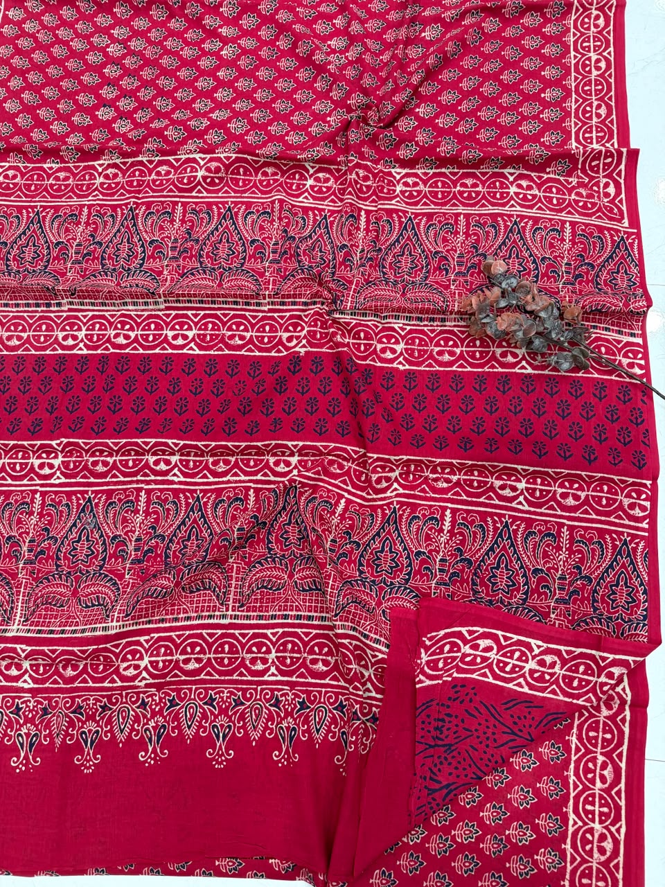 Crimson Red & Noir Black Bagru Hand Block Print Cotton Mul Saree