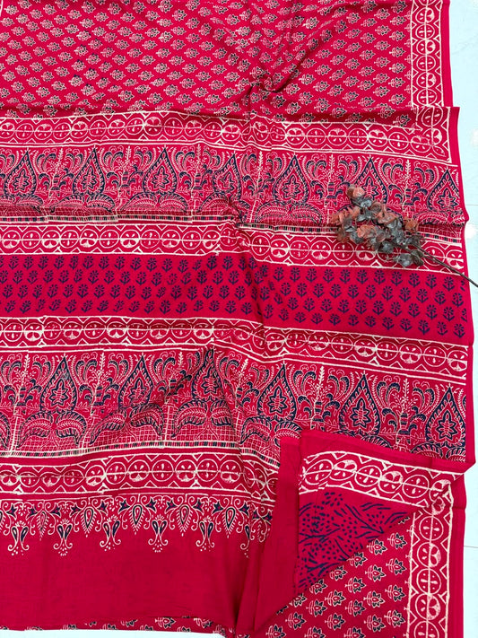 Crimson Red & Noir Black Bagru Hand Block Print Cotton Mul Saree