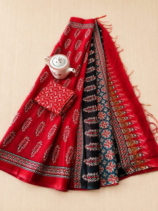 Rich Crimson Red Hand Block Printed Premium Kota Chanderi Silk Saree