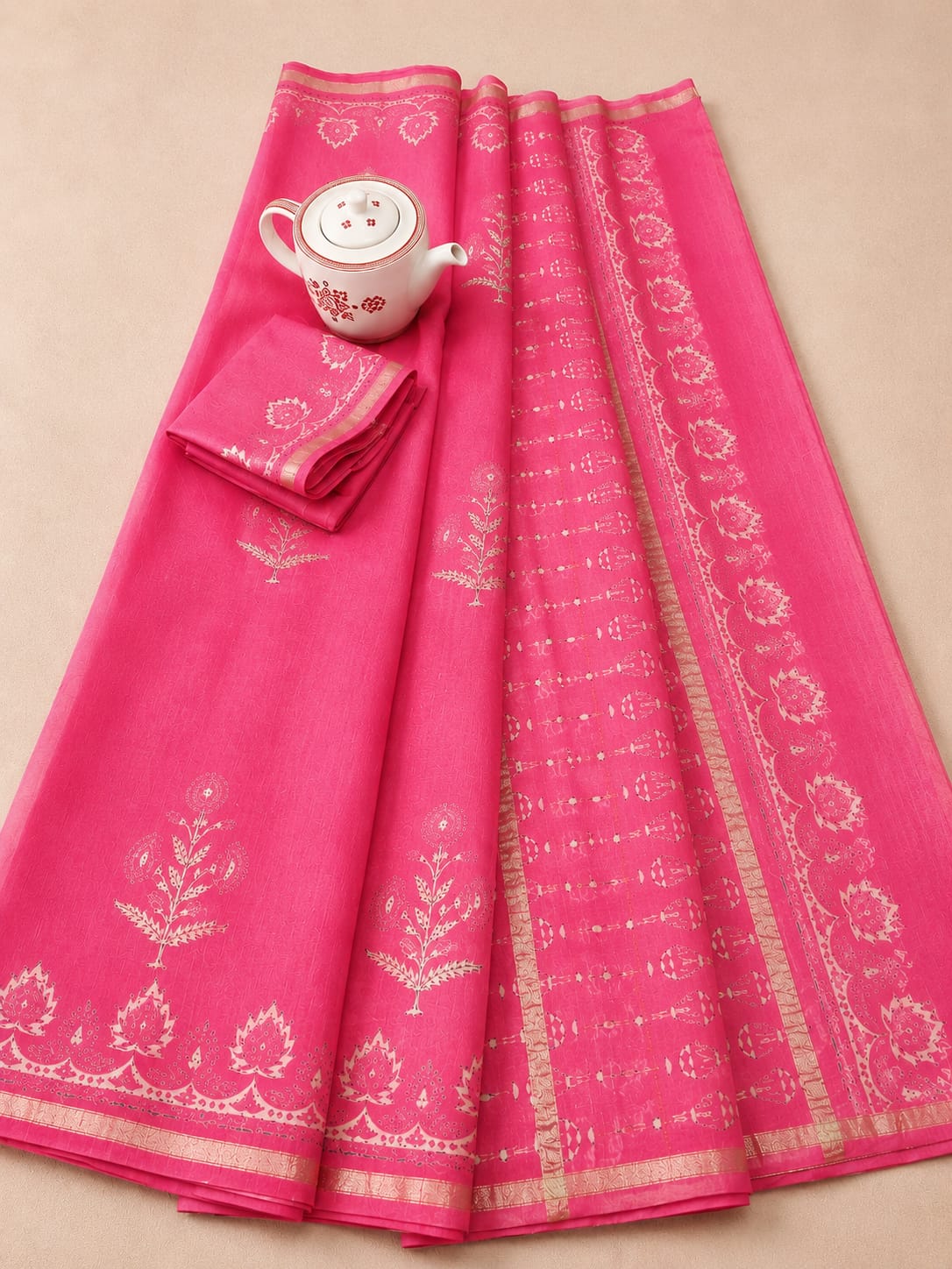 Vibrant Fuchsia Pink & Ivory Hand Block Printed Premium Kota Chanderi Silk Saree