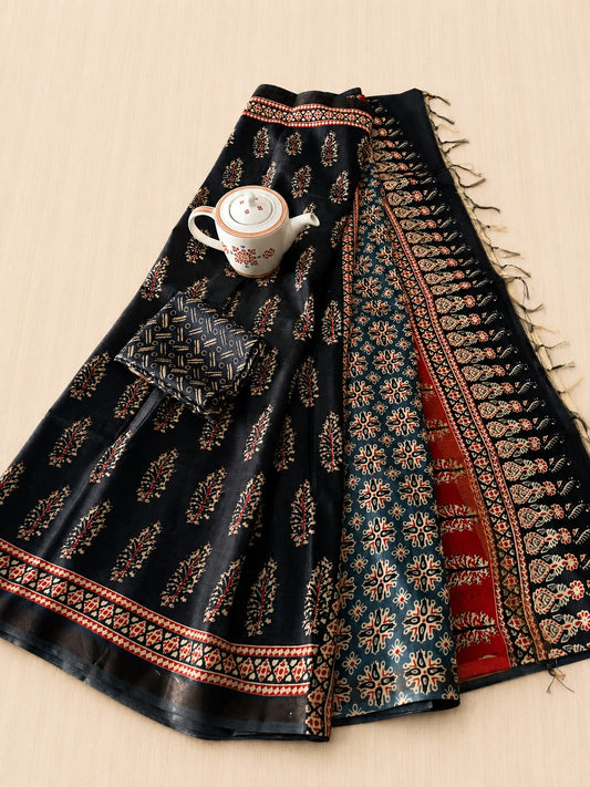 Noir Black Hand Block Printed Premium Kota Chanderi Silk Saree