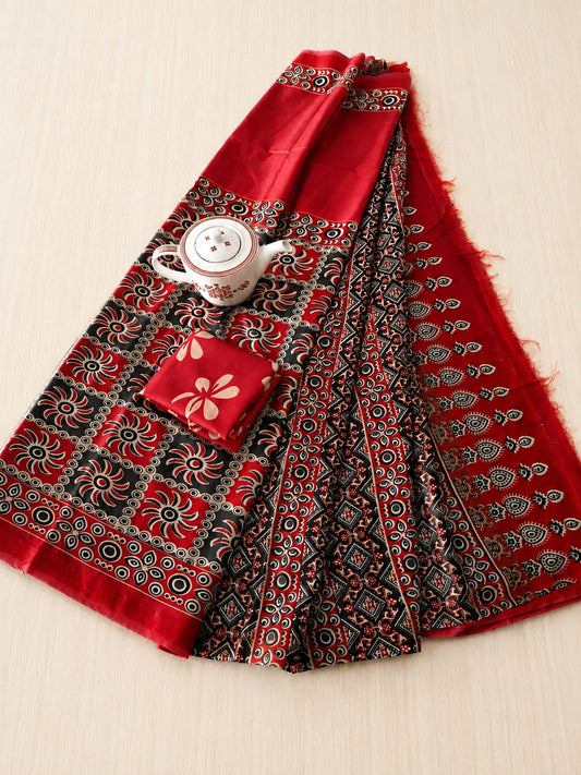 Crimson Red & Noir Black Hand Block Printed Premium Kota Chanderi Silk Saree