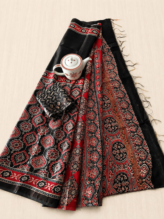 Noir Black & Crimson Red Hand Block Printed Premium Kota Chanderi Silk Saree