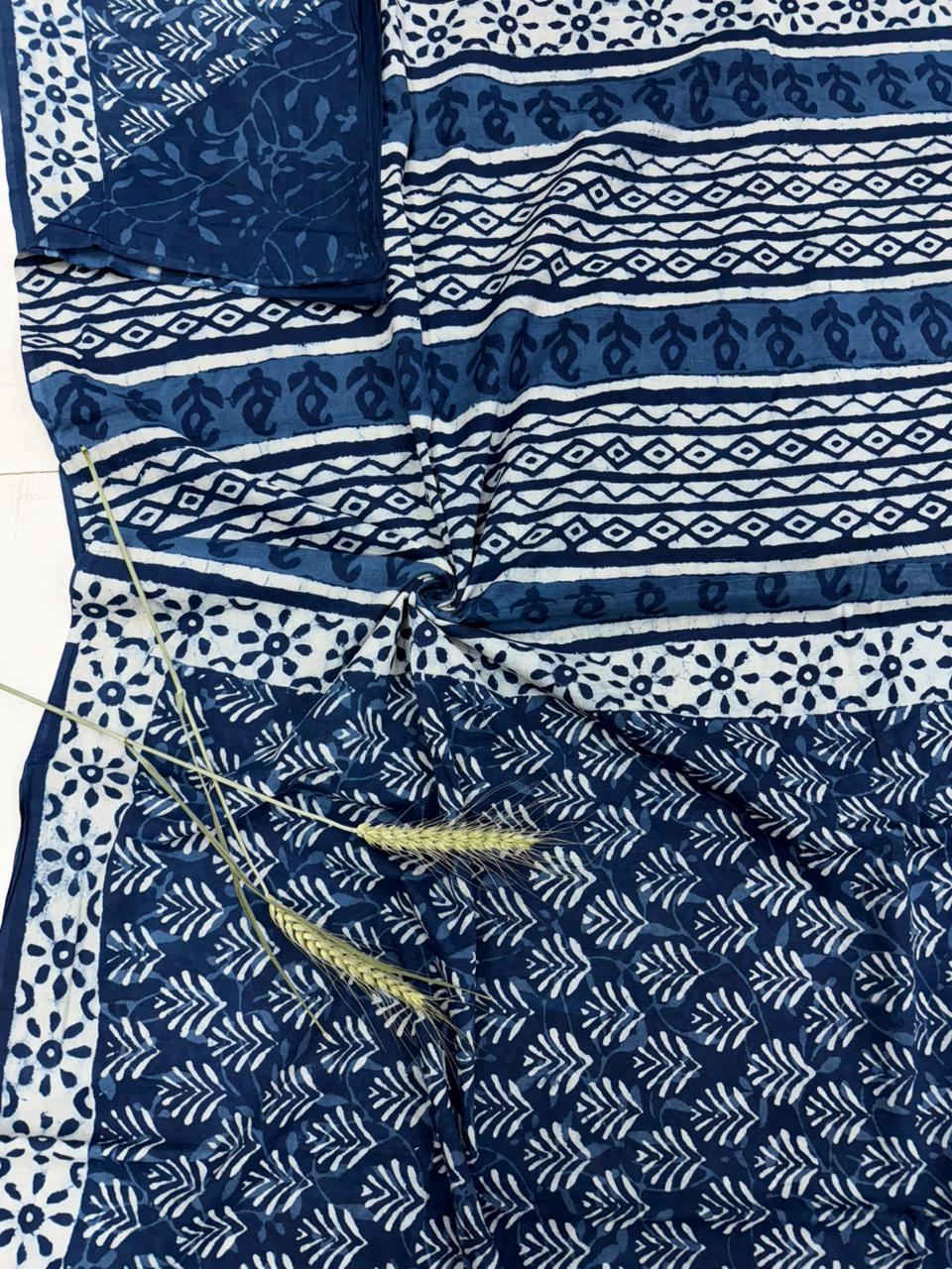 Indigo Blue & White Bagru Hand Block Print Cotton Mul Saree