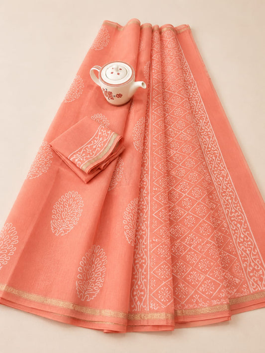 Soft Peach & Ivory Hand Block Printed Premium Kota Chanderi Silk Saree