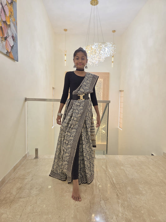 Black & Ivory Paisley Bagru Hand Block Print Cotton Mul Saree