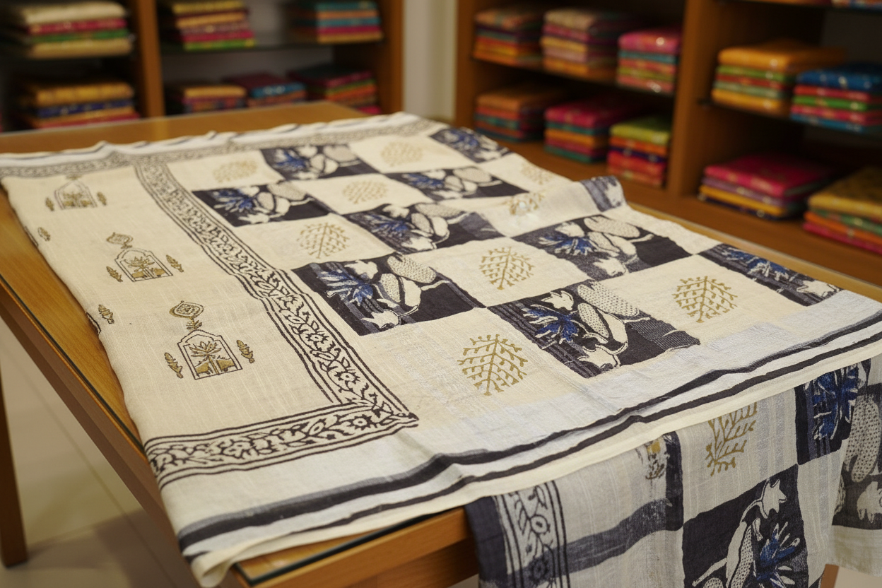 Beige & Black Saree in Store - Brightened