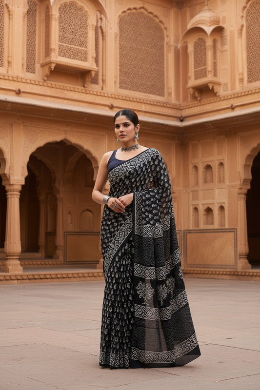 Black & White Bagru Hand Block Printed Cotton Mul Saree