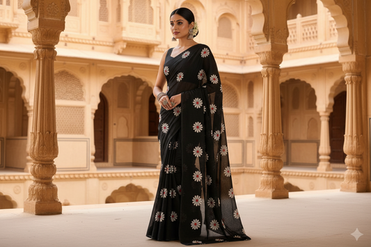 Noir Black & White Daisy Bagru Screen Print Soft Mulmul Cotton Saree