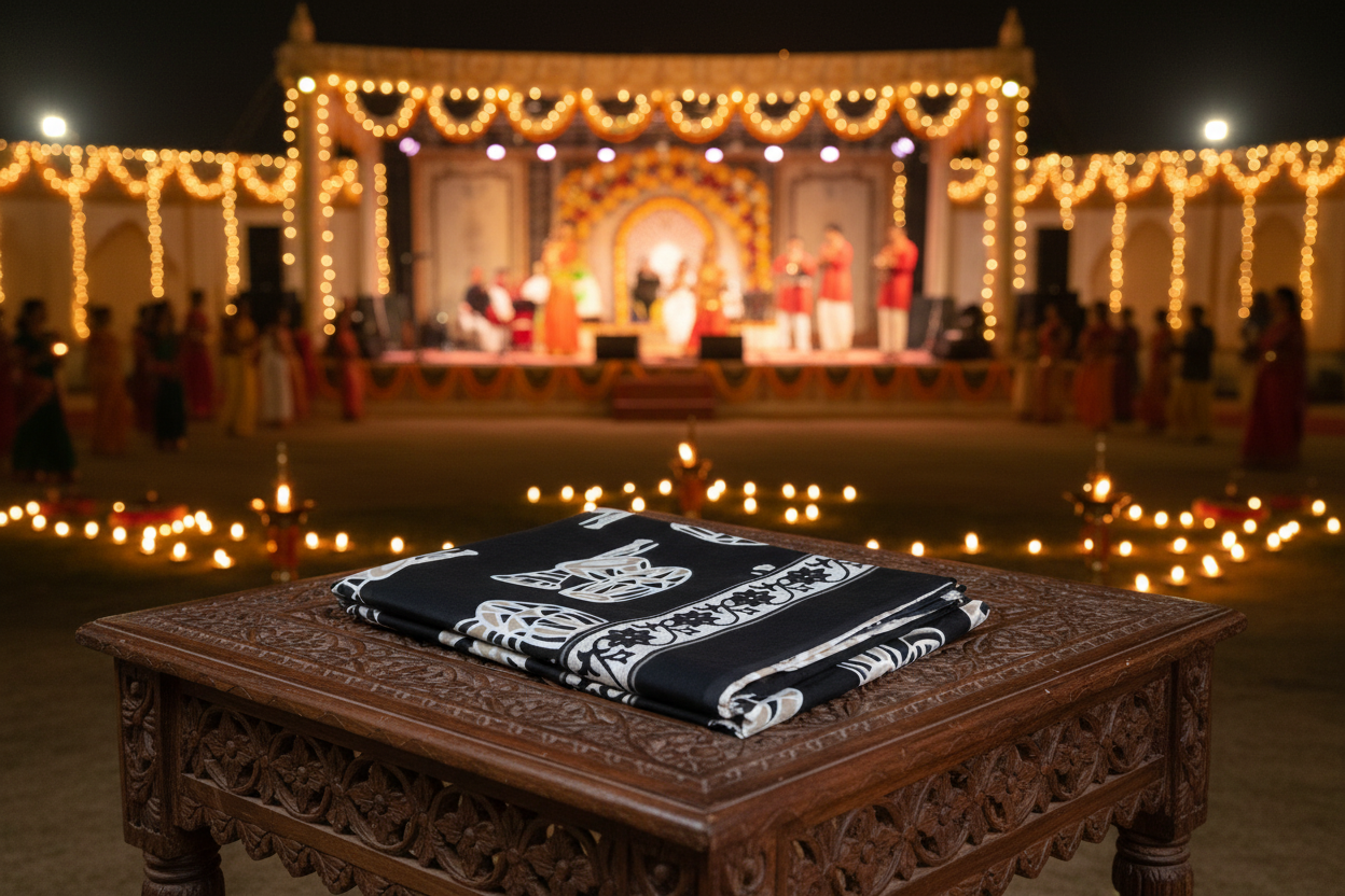 Black Bagru Screen Print Soft Mulmul Cotton Saree