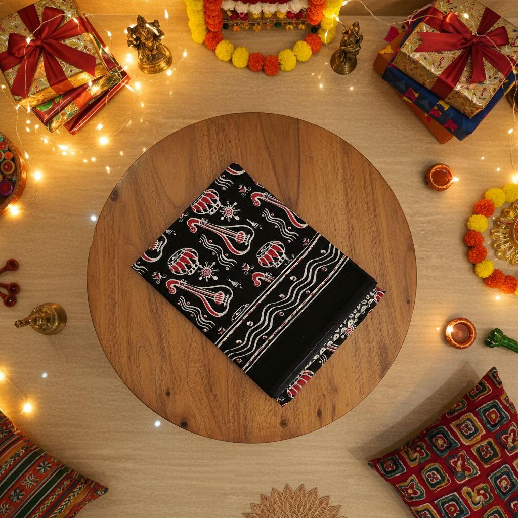 Black Bagru Screen Print Soft Mulmul Cotton Saree