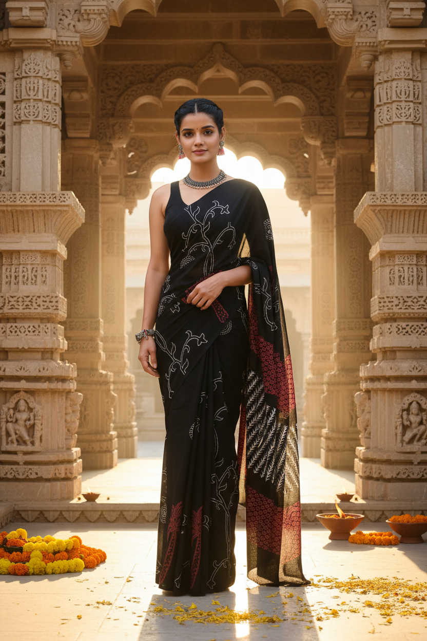 Black Elegance Bagru Hand Block Print Cotton Mul Saree