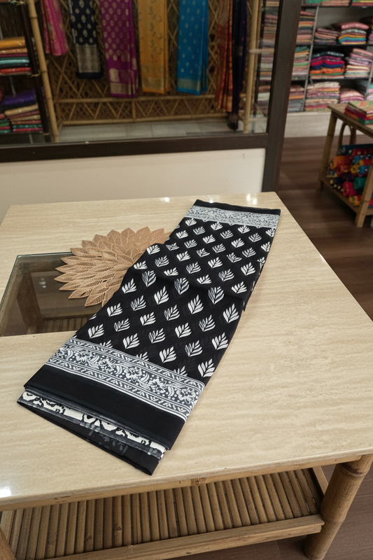 Classic Black & White Elegance Bagru Screen Print Mulmul Cotton Saree