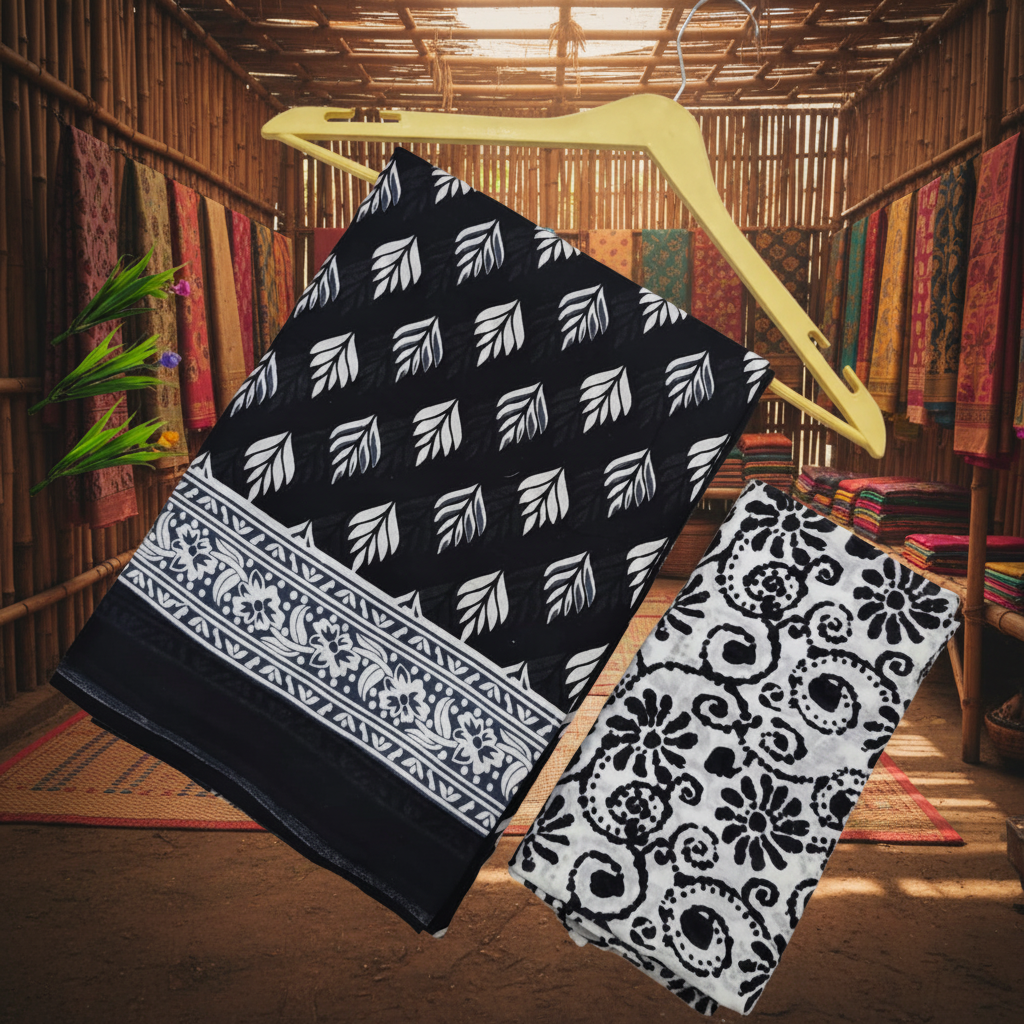 Black & White Saree in Traditional Bamboo/Wooden Semi-Outdoor Store