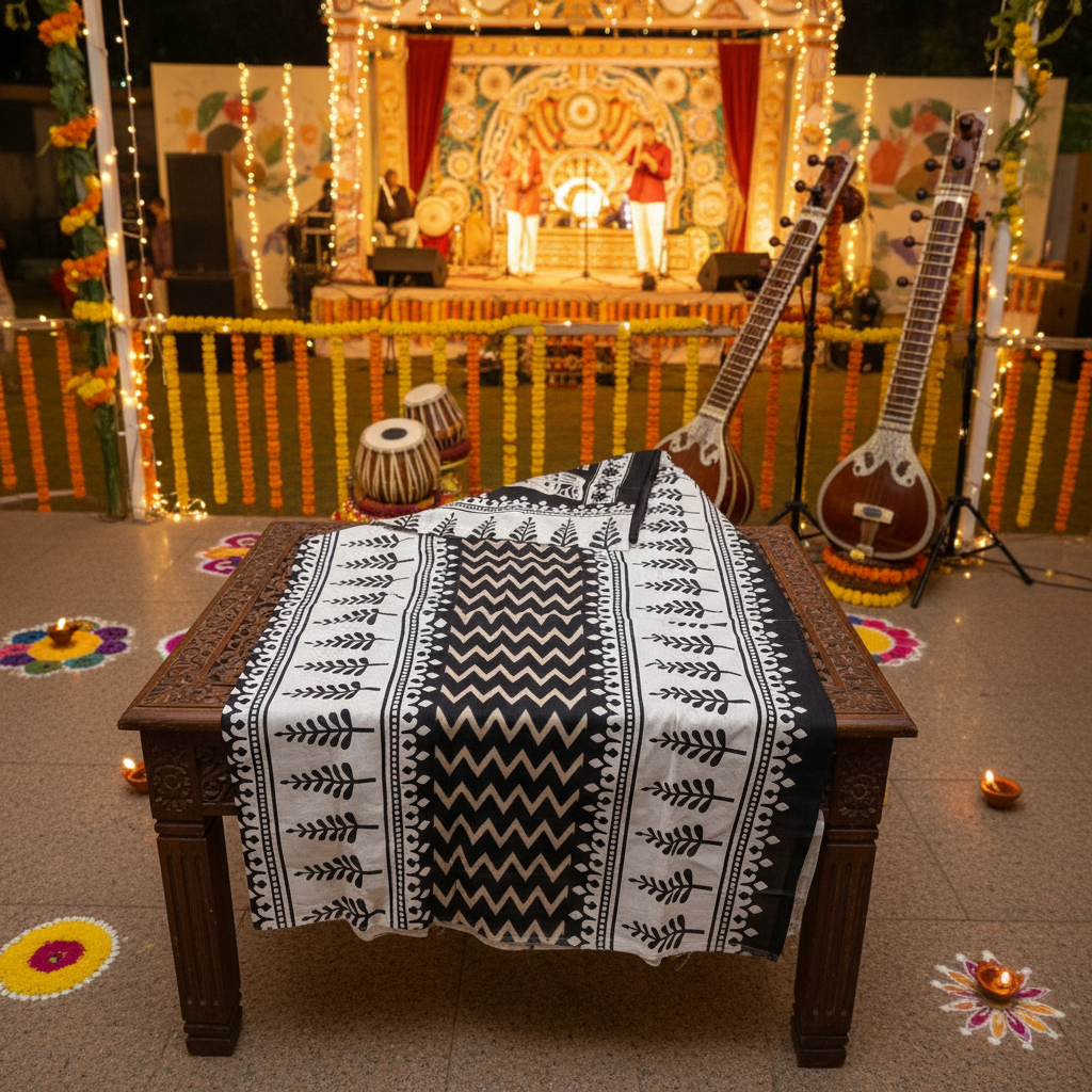 Black & White Zigzag Saree - Cultural Concert Top View