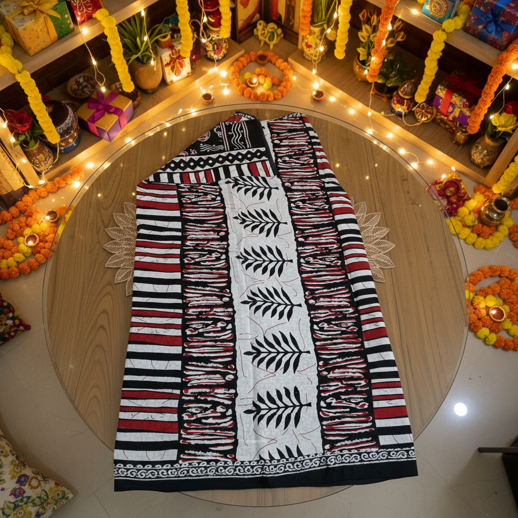 Black Bagru Screen Print Soft Mulmul Cotton Saree
