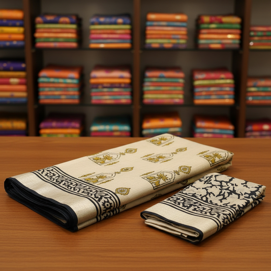 Beige & Black Bagru Hand Block Print Linen Saree