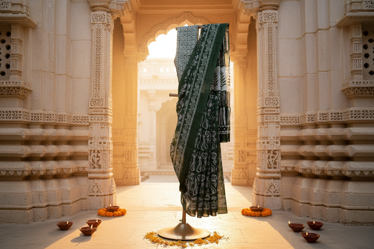 Forest Green Heritage Collection Bagru Screen Print Soft Mulmul Cotton Saree